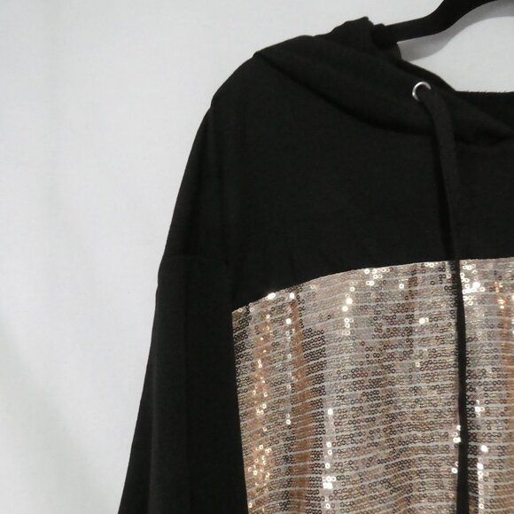 SHEIN - Curve | 2XL | Contrast Gold Sequin Drop Shoulder Drawstring Black Hoodie - Picture 5 of 16